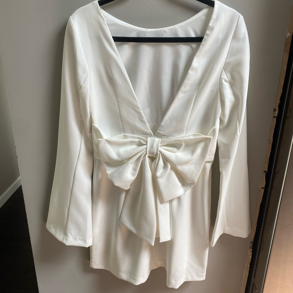 Lulu's White Long-Sleeve Mini Dress with Front Bow